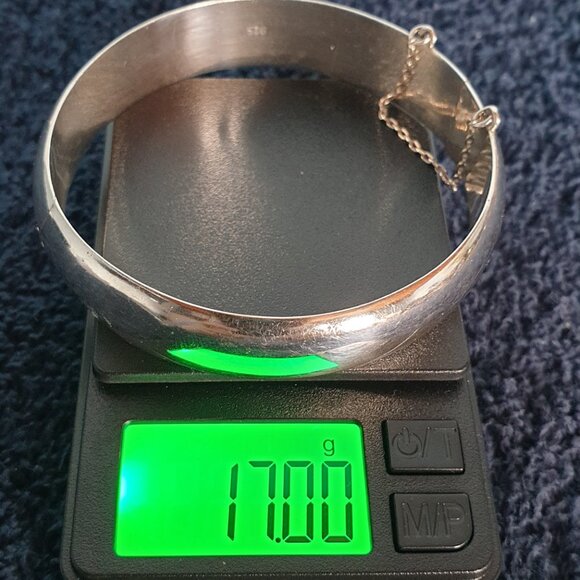 Vintage 925 Sterling Silver Chunky Wide Hinged Bracelet with Safety Chain - Picture 7 of 15